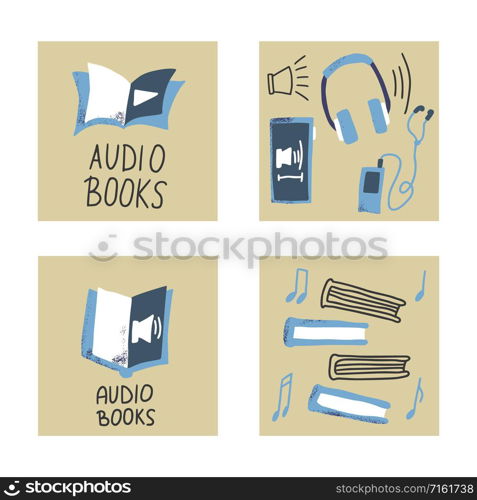 Audiobooks concept. Set of audio book symbols with lettering. Vector illustration.