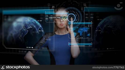augmented reality, science and technology concept - beautiful woman in futuristic 3d glasses with virtual screens projection over dark blue background. woman in virtual reality 3d glasses with screens