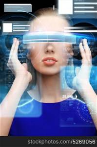 augmented reality, science, future technology and people concept - beautiful woman in futuristic 3d glasses with virtual charts projection over black background. woman in virtual reality 3d glasses with charts