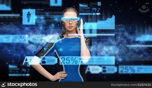 augmented reality, science, future technology and people concept - beautiful woman in futuristic 3d glasses with virtual charts projection over space background. woman in virtual reality 3d glasses with charts