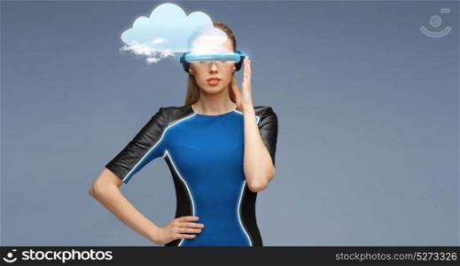 augmented reality, science, technology and people concept - beautiful woman in futuristic 3d glasses with virtual cloud projection over blue background. woman in virtual reality 3d glasses with cloud