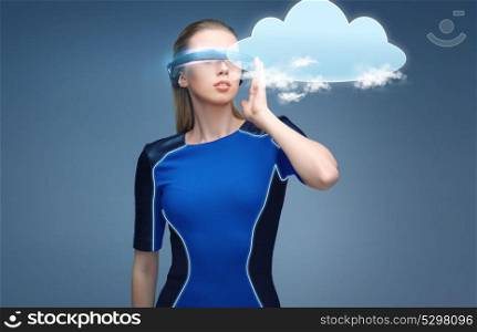 augmented reality, science, technology and people concept - beautiful woman in futuristic 3d glasses with virtual cloud projection over blue background. woman in virtual reality 3d glasses with cloud