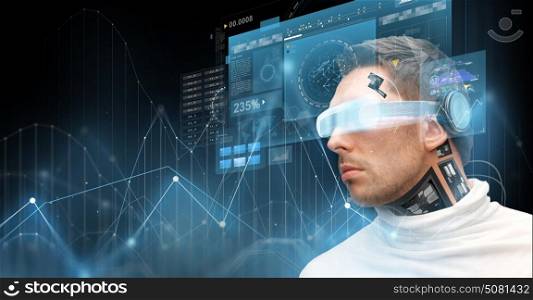 augmented reality, technology, business, future and people concept - man in virtual glasses and microchip implant or sensors looking at screen projections with diagram charts over dark background. man in virtual reality glasses and microchip