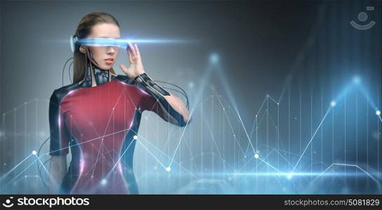 augmented reality, technology, business, future and people concept - woman in virtual glasses and microchip implant or sensors looking at diagram chart projection. woman in virtual reality glasses and microchip