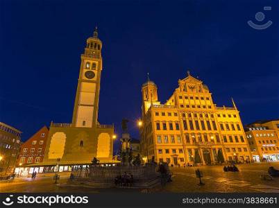 Augsburg City Hall and Perlachturm Tower by night, Bavaria, Germany