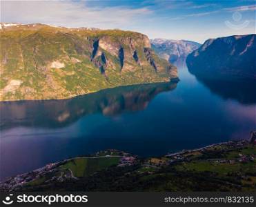 Aurlandsfjord fjord landscape, Norway Scandinavia. National tourist route Aurlandsfjellet.. Fjord landscape Aurlandsfjord in Norway