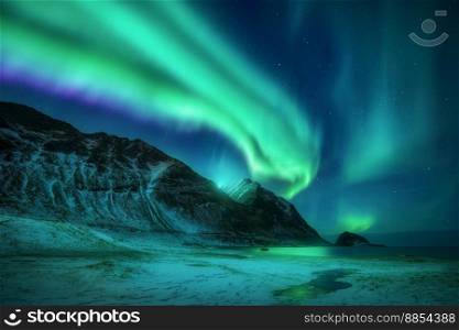 Aurora borealis above frozen beach in Lofoten islands, Norway. Beautiful northern lights. Starry sky with polar lights. Night winter landscape with aurora, sea coast, beach and snowy mountains. Nature