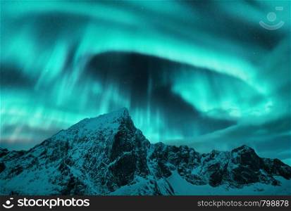 Aurora borealis above the snow covered mountain peak in Lofoten islands, Norway. Northern lights in winter. Night landscape with polar lights, snowy rocks. Starry sky with aurora. Beautiful nature. Aurora borealis above the snow covered mountain peak