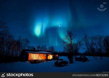 aurora borealis cabin snow cold