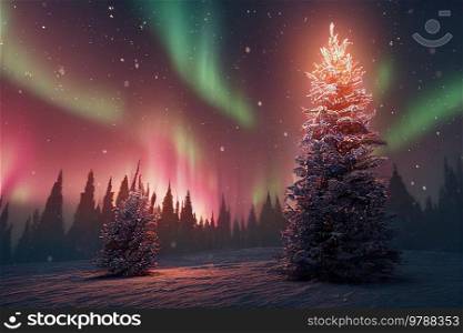 Aurora Borealis lights on night sky over Christmas winter landscape with evergreen tree. Aurora Borealis on night sky