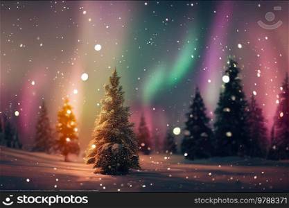 Aurora Borealis lights on night sky over Christmas winter landscape with evergreen tree. Aurora Borealis on night sky