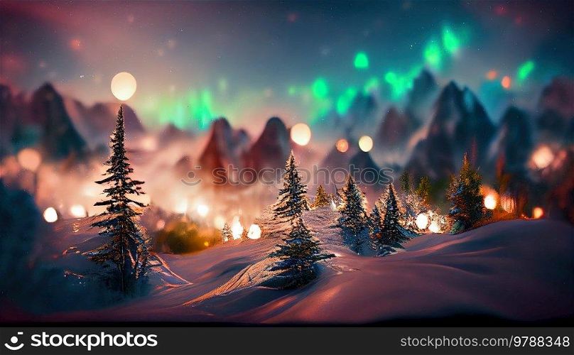Aurora Borealis on night sky over Christmas winter landscape with evergreen tree. Aurora Borealis on night sky