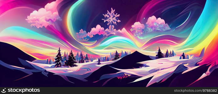 Aurora Borealis on night sky over Christmas winter landscape with evergreen tree and snow, festive illustration. Aurora Borealis on night sky