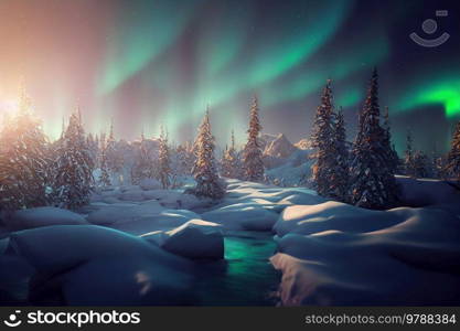 Aurora Borealis on night sky over winter landscape with forest under snow. Aurora Borealis on night sky