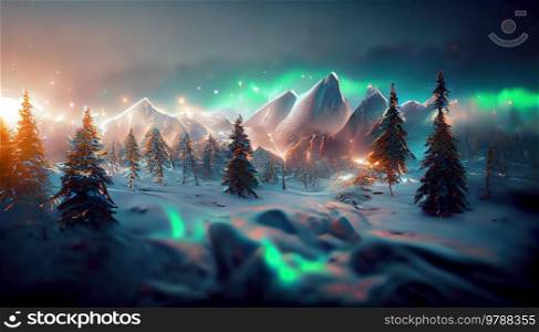 Aurora Borealis on night sky over winter landscape with forest under snow, magic Christmas forest. Aurora Borealis on night sky