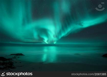 Aurora borealis over the sea. Northern lights in Lofoten islands, Norway. Starry sky with polar lights. Night landscape with aurora, sea with blurred water and sky reflection, sandy beach. Aurora