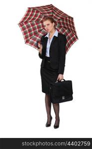 Austere businesswoman holding a briefcase and an umbrella