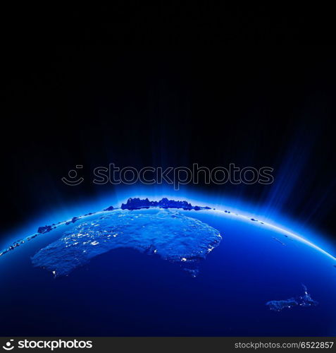 Australia and New Zeland city lights at night 3d rendering. Australia and New Zeland city lights at night. Elements of this image furnished by NASA 3d rendering. Australia and New Zeland city lights at night 3d rendering