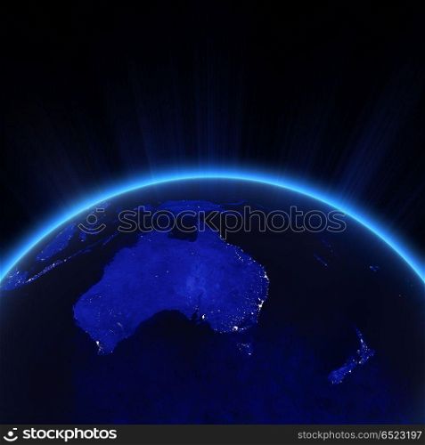 Australia and New Zeland city lights at night 3d rendering. Australia and New Zeland city lights at night. Elements of this image furnished by NASA 3d rendering. Australia and New Zeland city lights at night 3d rendering