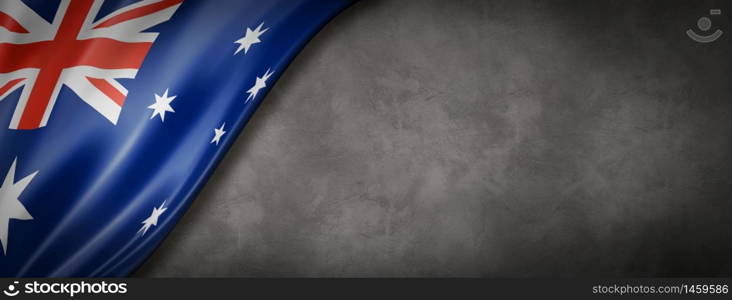 Australia flag on concrete wall. Horizontal panoramic banner. 3D illustration. Australian flag on concrete wall banner