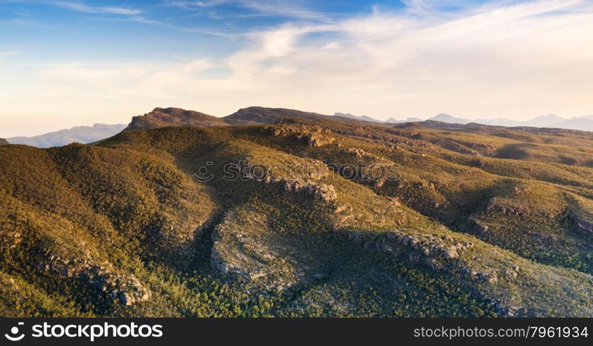 Australian mountains at sunset in the Grampians National Park, Victoria with rocky cliffs and valleys