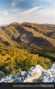 Australian mountains at sunset in the Grampians National Park, Victoria with rocky cliffs and valleys