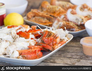 Australian seafood platter lunch of crab and Moreton Bay bugs