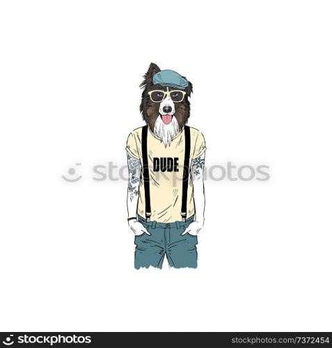 Australian Shepherd dog hipster, anthropomorphic animal illustration. animal dressed up  in, anthropomorphic animal illustration