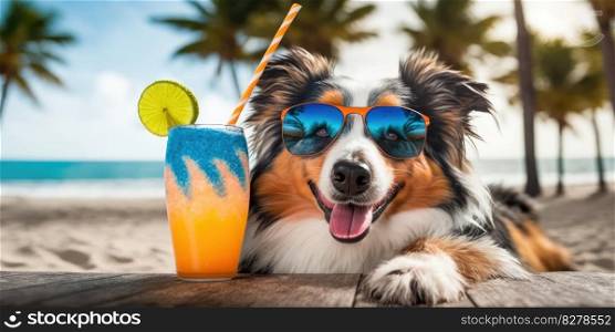 Australian Shepherd dog is on summer vacation at seaside resort and relaxing rest on summer beach of Hawaii