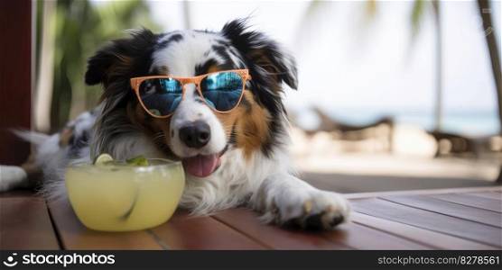 Australian Shepherd dog is on summer vacation at seaside resort and relaxing rest on summer beach of Hawaii