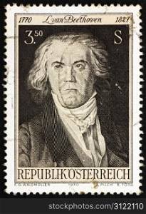 AUSTRIA - CIRCA 1970: a stamp printed in the Austria shows Ludwig van Beethoven, Composer and Pianist, Painting by Georg Waldmuller, circa 1970