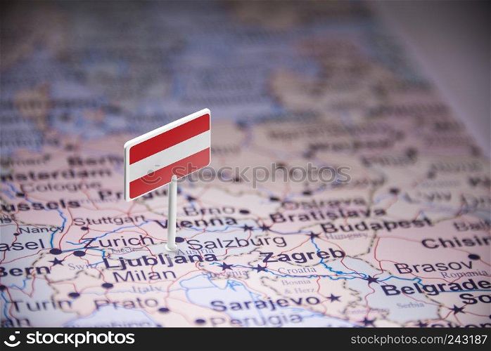 Austria marked with a flag on the map.. Austria marked with a flag on the map
