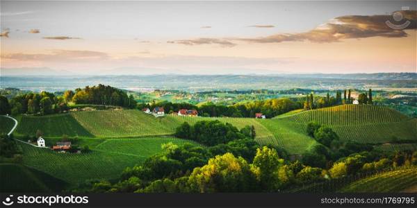 Austria Vineyards Sulztal Leibnitz area south Styria. Sunset landscape. Austria Vineyards Sulztal Leibnitz area south Styria