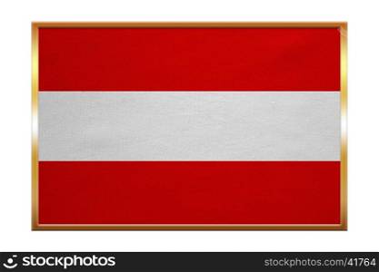 Austrian national official flag. Patriotic symbol, banner, element, background. Correct colors. Flag of Austria , golden frame, fabric texture, illustration. Accurate size, color