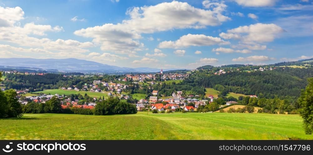 Austrian rural panorama, view on the Alpen village.