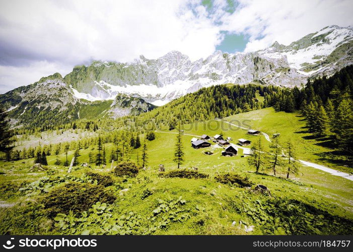 Austrian village surrounded by forests, meadows, fields and pastures on the background of snow-capped Alps. Vintage style 