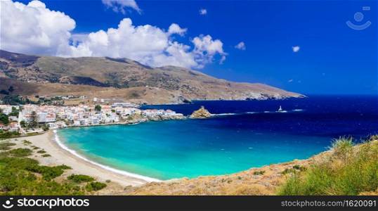 authentic beautiful Greece. Andros island, view of Chora village and great beach