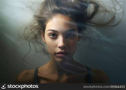 Authentic candid portrait of teenage girl with windswept hair blowing wildly in wind or water. Girl  with flowing hair looking at camera. Young woman with windswept hair on windy day