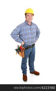 Authentic construction worker dressed for the job. Full body isolated on white.