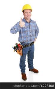 Authentic construction worker giving a thumbs-up sign. Model actually works in construction trade. Full body isolated on white.