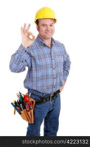 Authentic construction worker giving the A-okay sign for success. Isolated on white.