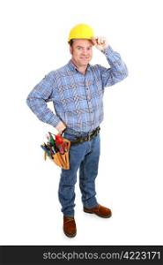 Authentic construction worker tipping his hardhat. Full Body isolated on white.