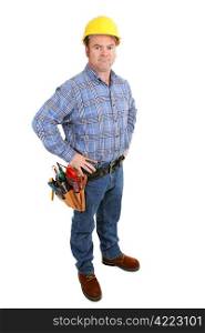 Authentic construction worker with serious expression. Full body isolated on white.