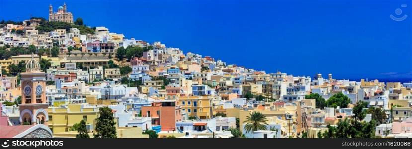 authentic Syros island. panoramic view of  Ano Syros town. Cyclades, Greece