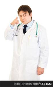 Authoritative medical doctor showing contact me gesture isolated on white&#xA;
