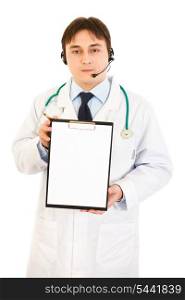 Authoritative medical doctor with headset holding blank clipboard isolated on white&#xA;