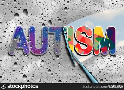 Autism awareness and autistic disorders concept as cloudy blurred text with a wiper clearing the confusion exposing a sharp understanding of the neurological syndrome with 3D illustration elements.
