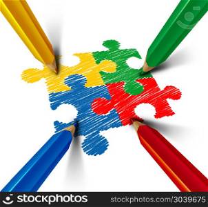 Autism awareness developmental disorder puzzle children symbol as an autistic symbol as jigsaw pieces being drawn with color pencil as a 3D illustration.. Autism Awareness