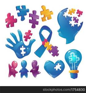 Autism awareness icons puzzle pieces, child head and open palm with hole, blue ribbon, kids figures waving hands, heart and light bulb isolated on white background, cartoon vector illustration, set. Autism awareness icons puzzle pieces, child head