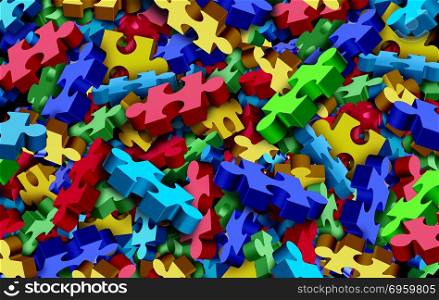 Autism background and childhood developmental disorder puzzle as an abstract symbol for autistic awareness as a group of jigsaw pieces as a 3D illustration.. Autism Background